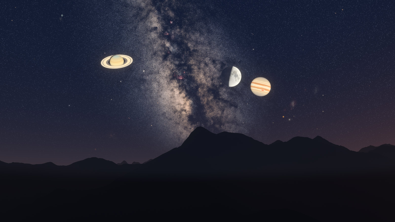 The night sky over the Hohe Tauern, seen from the Edelweißspitze: the Milky Way rises from a ridge, with Saturn to its left and the half-lit Moon and Jupiter to its right.